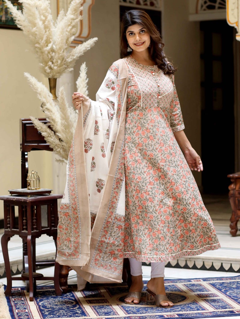 Miravan Brown Floral Cotton Anarkali Kurta with Dupatta for Women - Image 3